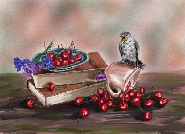still life drawing of bird, berries and books