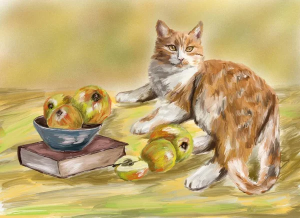 drawing of a red cat and apples