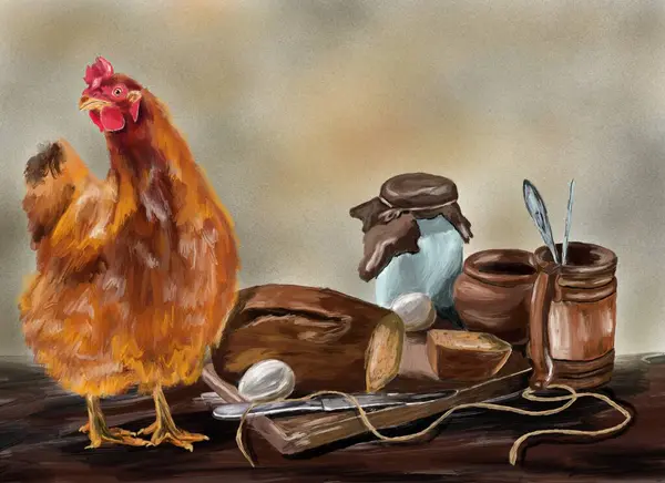 drawing of a chicken and still life with eggs, bread and dishes