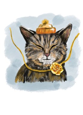 Şapkalı sevimli kedi yavrusu. Elle boyanmış suluboya resim. beyaz üzerine izole.