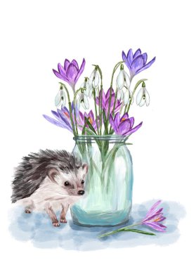 Çiçekli bir kirpi ve bir buket bahar çiçeği. El çizimi suluboya çizimi.