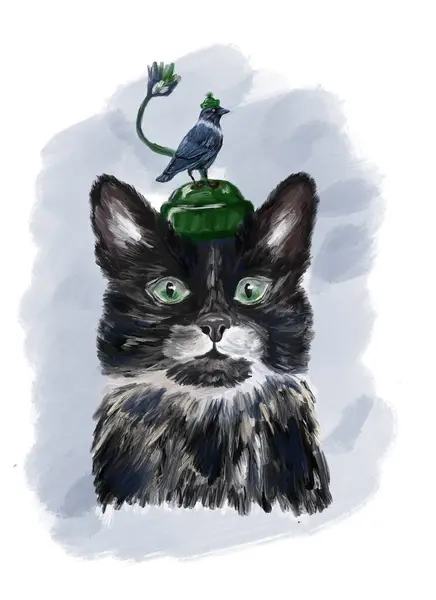 Γάτα Πράσινο Καπάκι Ακουαρέλα Ζωγραφική Εικόνα Αρχείου