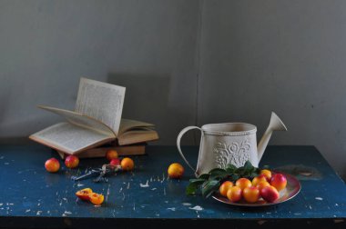 Bir fincan çay ve koyu arkaplan üzerine bir kitap..