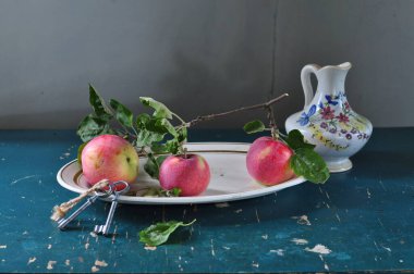 Taze olgun elmalar beyaz bir tabakta