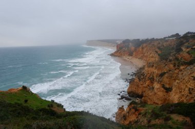 Okyanusta bulutlu bir gökyüzü olan kayalık bir plajın güzel bir görüntüsü.