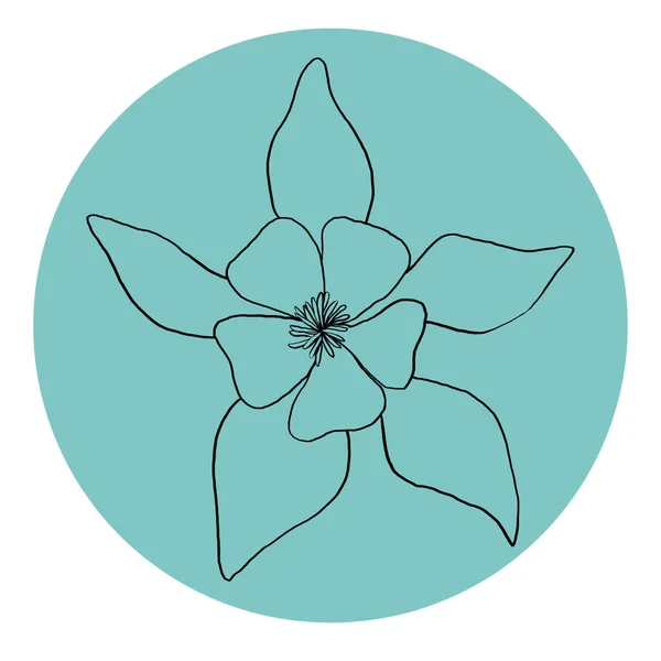 Flower line sketch illustration in turquoise circle. Isolated on white background. For invitation, decor, logo, poster, greeting card.