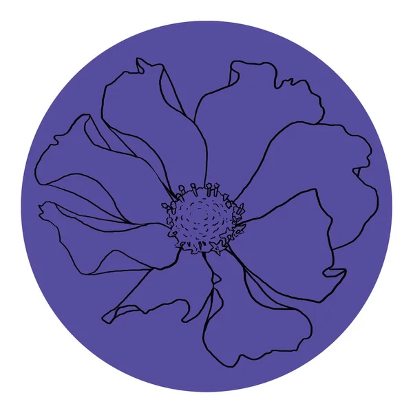 Flower line sketch illustration in purple circle. Isolated on white background. For invitation, decor, logo, poster, greeting card.