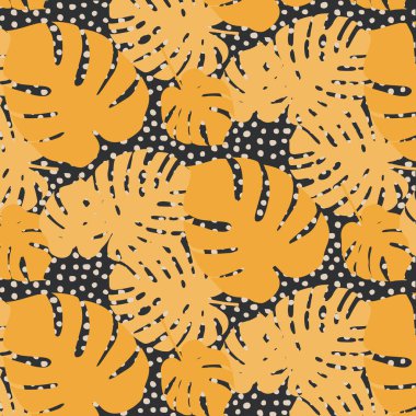 Tropik yapraklar vektör deseni. Siyah arka planda nokta tekrar. Baskı, kitap kapakları, ambalaj kağıdı, kumaş, duvar kağıdı, tişört vs..