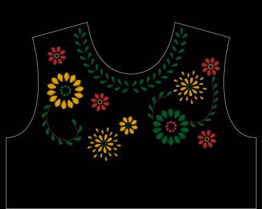 Saten dikişli renkli çiçekli yaka tasarım vektörü. Saten dikişli nakış için yaka deseni. Giysi dekoru için dekoratif süs