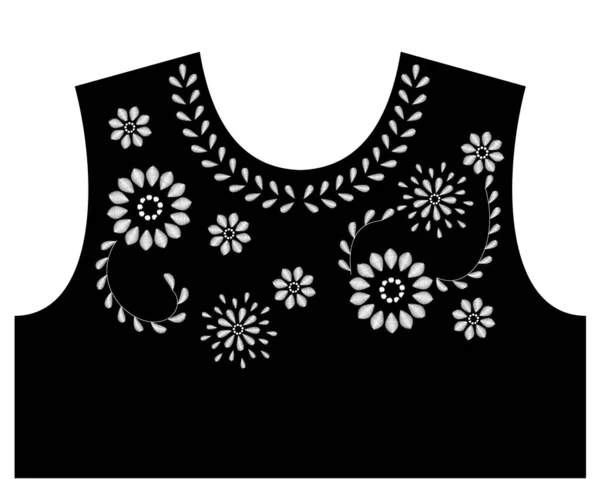 サテンのステッチの白い花が付いているネックラインの設計ベクトル サテンステッチ刺繍の詳細のためのネックラインパターン 衣類の設計のための装飾的な装飾 — ストックベクタ