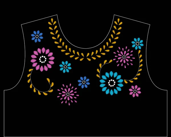 サテンステッチカラフルな花のネックラインデザインベクター サテンステッチ刺繍の詳細のためのネックラインパターン 衣類の設計のための装飾的な装飾 — ストックベクタ
