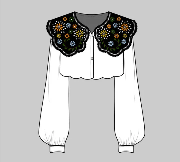 サテンステッチのカラフルな花を持つ女性の服のデザインベクター 花の刺繍の襟シャツ アイレット装飾的な装飾的な綿の襟のレースの細部 — ストックベクタ