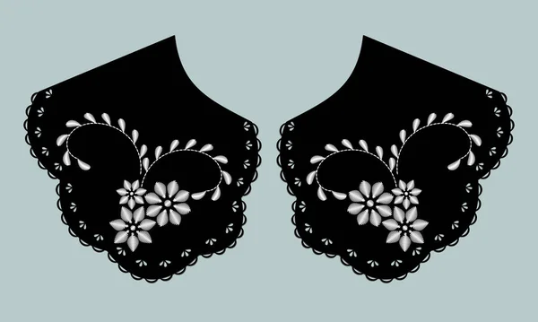 サテンのステッチの白い花が付いている襟の設計ベクトル フロントビュー技術刺繍フラットスケッチテンプレート 花のアイレット刺繍装飾的な装飾的な綿の襟のレースの細部 — ストックベクタ