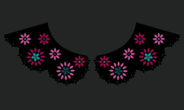 サテンステッチカラフルな花を持つ襟のデザインベクター フロントビュー技術刺繍フラットスケッチテンプレート 花のアイレット刺繍装飾的な装飾的な綿の襟のレースの細部 — ストックベクタ