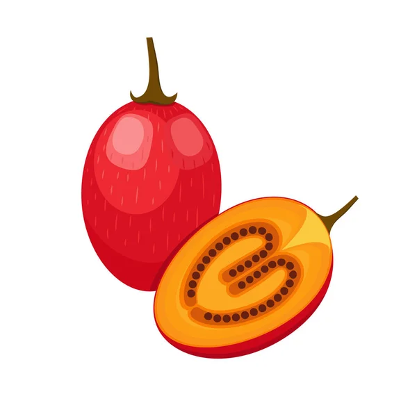 Tamarillo Set Ontwerp Met Geïsoleerde Hele Gesneden Tropische Fruitboom Tomaat — Stockvector