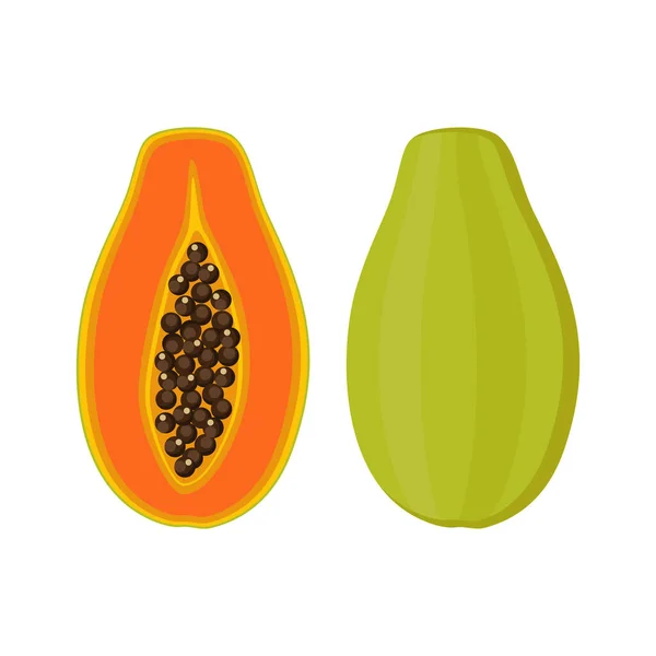 木瓜集设计与孤立的整体和一半甜热带水果 外型纯素食 平面细面向量式 用于包装 装饰元素 — 图库矢量图片