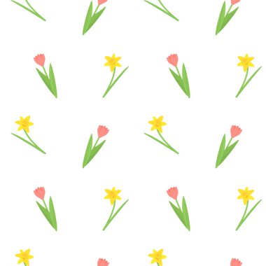 Pembe lale ve sarı nergis desenli bahar çiçekleri. Vektör narcissus illüstrasyon arka planı