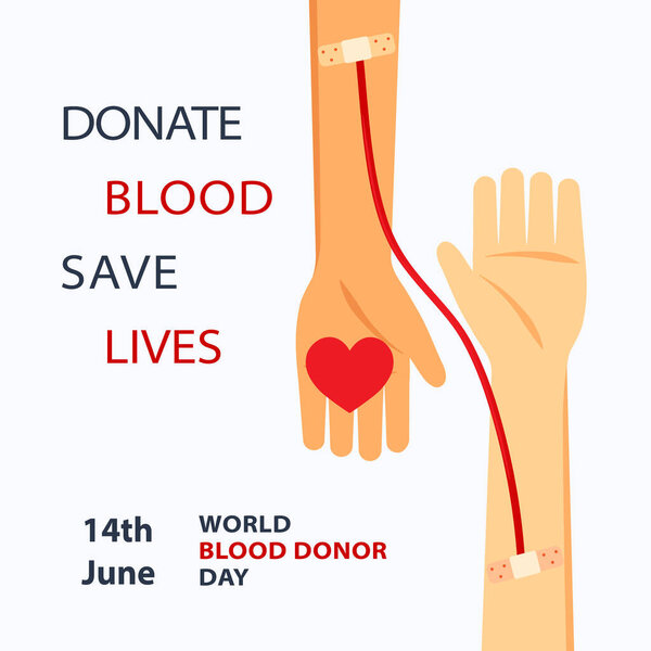 Концепция Всемирного дня донора крови 14 июня для баннера, плаката, открытки. Векторная иллюстрация с помощью руки, сердца, труб и переливания крови