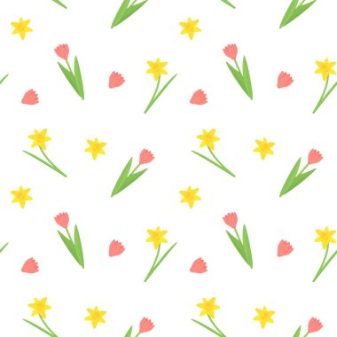 Pembe lale ve sarı nergis desenli bahar çiçekleri. Vektör narcissus illüstrasyon arka planı