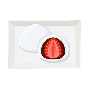 Japon mochi tatlı pirinç topları ve düz detaylı çilek meyveleri. Beyaz arka planda izole edilmiş Asyalı yemek tatlısı çizimleri