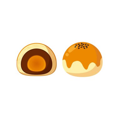 Düz detaylı Çin tuzlu yumurta sarısı pastası. Beyaz arka planda izole edilmiş Asya yemeği Dan Huang Su illüstrasyonu