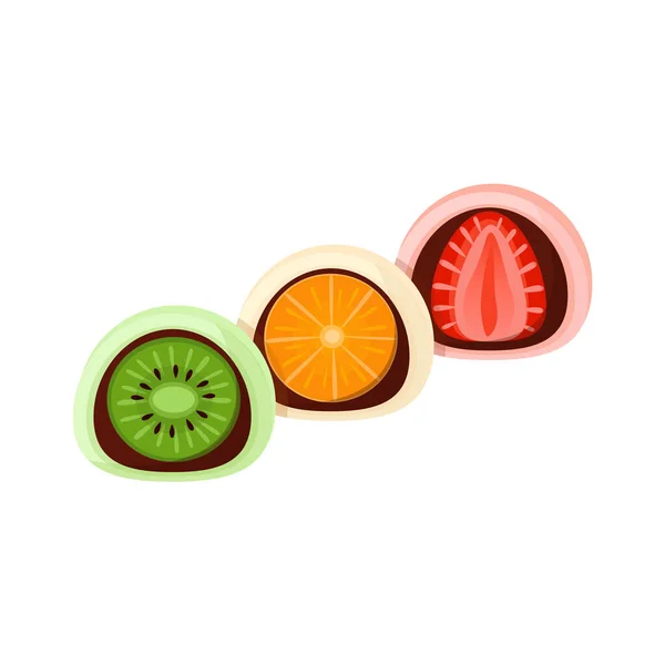 Set Japanischer Mochi Reisbällchen Mit Erdbeere Kiwi Orangenfrüchten Flachen Detaillierten — Stockvektor
