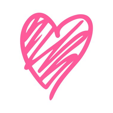 Pembe kalp karalaması beyaz arka planda izole edilmiş. El yapımı aşk sembolü kalemle çizilmiş. Dekoratif çizim logosu çizimi.