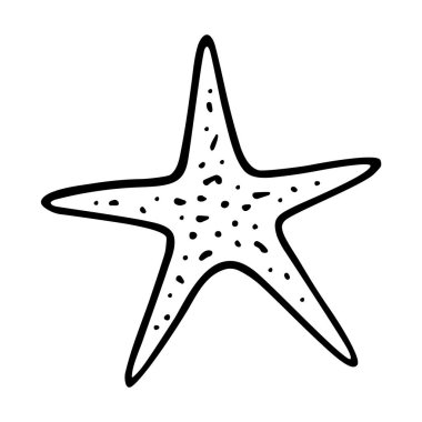 Deniz kabuğu deniz yıldızı karalaması beyaz arka planda izole edilmiş. Mürekkep kaleminde elle çizilmiş yumuşakça. Deniz hayvanlarının dekoratif çizim logosu.