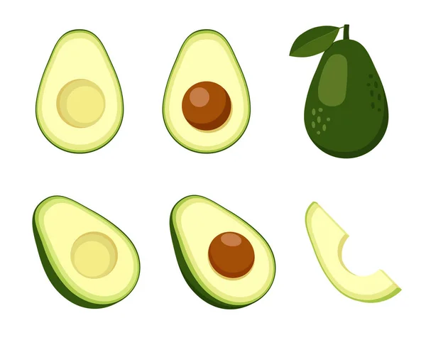 Avocado Set Whole Halved Sliced Green Tropical Fruit Vegan Healthy — Stock Vector