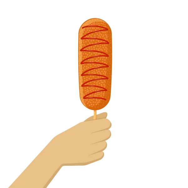 Koreański Corn Dog Ręku Ilustracja Płaskim Stylu Szczegółowym Izolacja Wektor — Wektor stockowy