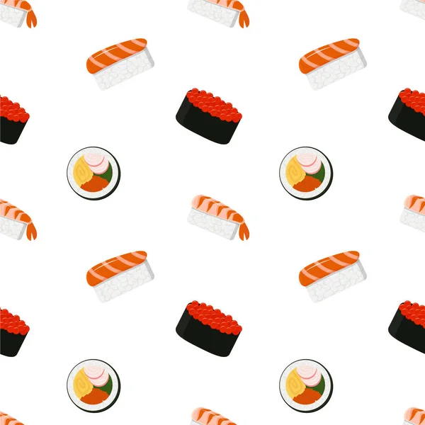 寿司米のシームレスなパターンを持つ日本の魚介類 ベクトルアジア料理握りの背景 — ストックベクタ