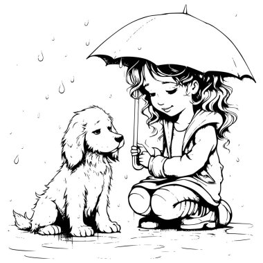 Yağmurlu bir günde köpek ve kız çocuklar için boyama sayfaları çiziyor