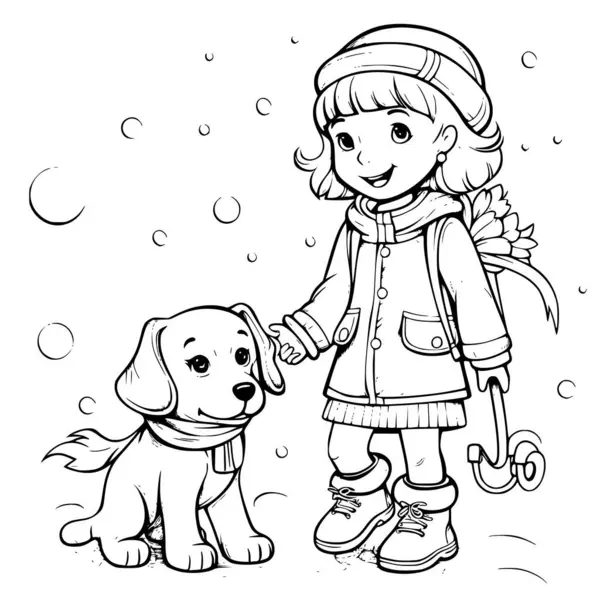 stock vector Dog And Girl On A Rainy Day Coloring Pages Drawing For Kids