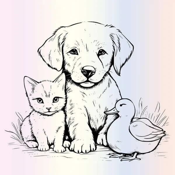 Stock vector Funny Kitten Duck Dog And Cat Coloring Pages Drawing For Kids