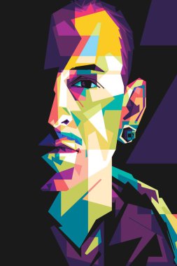 Ünlü Rockstar şarkıcısı Chester Bennington Popart vektör sanat stili. Soyut bir arkaplan ile renkli bir illüstrasyon tasarımında