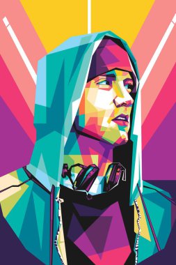 Ünlü rapçi Eminem Popart vektör sanat tarzı. Soyut bir arkaplan ile renkli bir illüstrasyon tasarımında