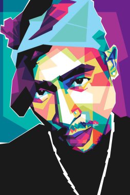 Ünlü rapçi Tupac Shakur popart vektör sanat stili. Soyut bir arkaplan ile renkli bir illüstrasyon tasarımında