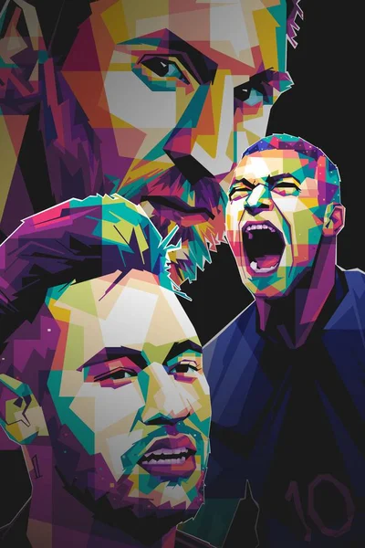 著名的足球运动员Mbappe 梅西Neymar风格的Popart矢量艺术 在一个有抽象背景的彩色插图设计中 — 图库矢量图片