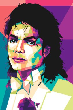 Ünlü şarkıcı efsanesi Michael Jackson Popart vektör sanat stili. Soyut bir arkaplan ile renkli bir illüstrasyon tasarımında