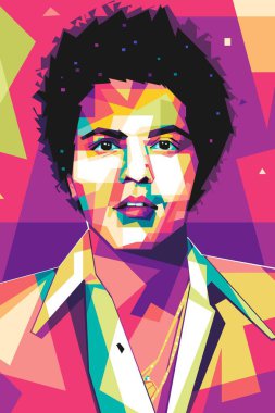 Ünlü şarkıcı Bruno Mars popart vektör sanat stili. Soyut bir arkaplan ile renkli bir illüstrasyon tasarımında