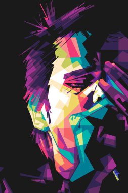 Ünlü şarkıcı Matt Bellamy Popart sanat stili. Soyut bir arkaplan ile renkli bir illüstrasyon tasarımında