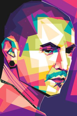 Ünlü şarkıcı Chester Bennington Popart vektör sanat stili. Soyut bir arkaplan ile renkli bir illüstrasyon tasarımında