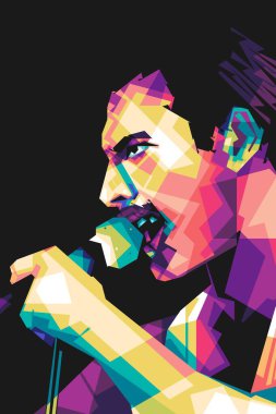 Ünlü şarkıcı Freddie Mercury Popart sanat stili. Soyut bir arkaplan ile renkli bir illüstrasyon tasarımında