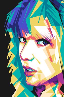 Ünlü şarkıcı Taylor Swift Popart sanat stili. Soyut bir arkaplan ile renkli bir illüstrasyon tasarımında
