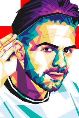 Ünlü futbol Jack Grealish Popart Vektör Sanat Tarzı. Soyut bir arkaplan ile renkli bir illüstrasyon tasarımında