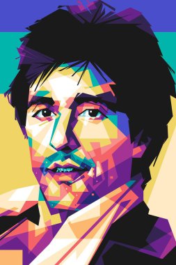 Famous actor Al Pacino popart vector art style. In a colorful illustration design with an abstract background