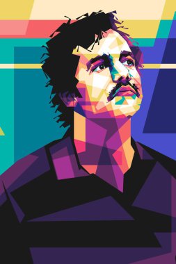 Ünlü aktör Pablo Escobar Popart sanat stili. Soyut bir arkaplan ile renkli bir illüstrasyon tasarımında