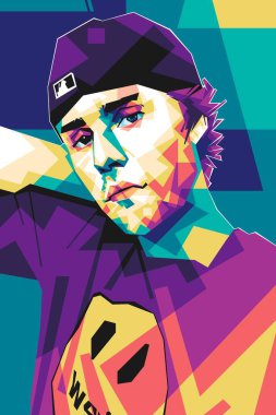 Ünlü şarkıcı Justin Bieber Popart sanat stili. Soyut bir arkaplan ile renkli bir illüstrasyon tasarımında.