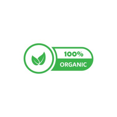 Paket tasarımı için% 100 organik etiket. Organik ürün etiketi, çıkartma, sembol ya da pul. Vektör simgesi. Katkı maddesi olmayan organik yiyecekler.