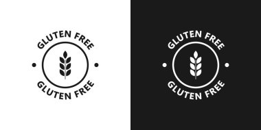 Glütensiz ikon. % 100 glütensiz ürün. Glüten çıkartması, etiket, rozet, amblem, gıda ambalajı pulu yok. Sağlıklı ve organik yiyecekler. Vektör illüstrasyonu